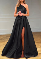 A-line One-Shoulder Satin Prom Dresses With Pleated Split