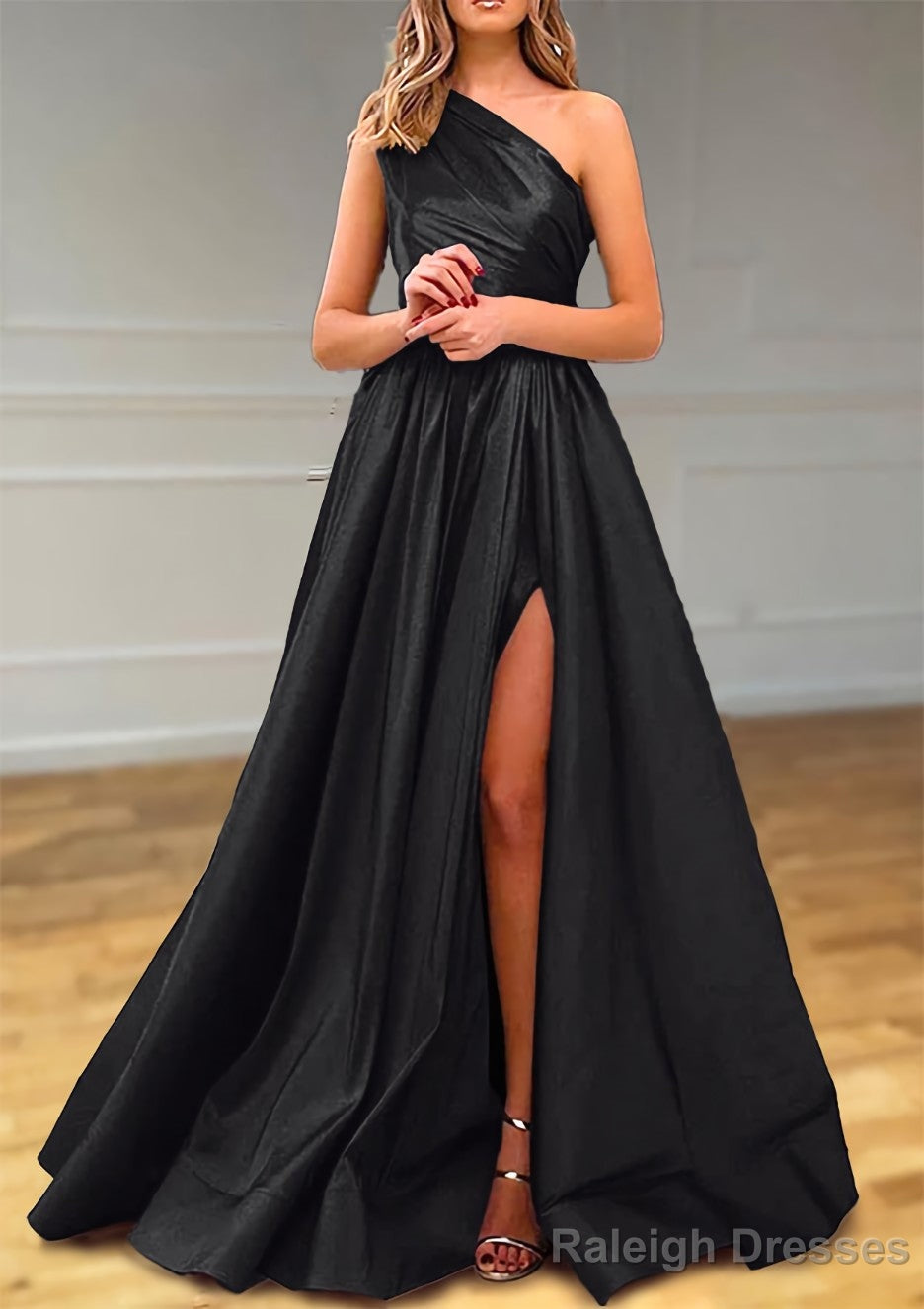 A-line One-Shoulder Satin Prom Dresses With Pleated Split