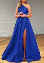 A-line One-Shoulder Satin Prom Dresses With Pleated Split