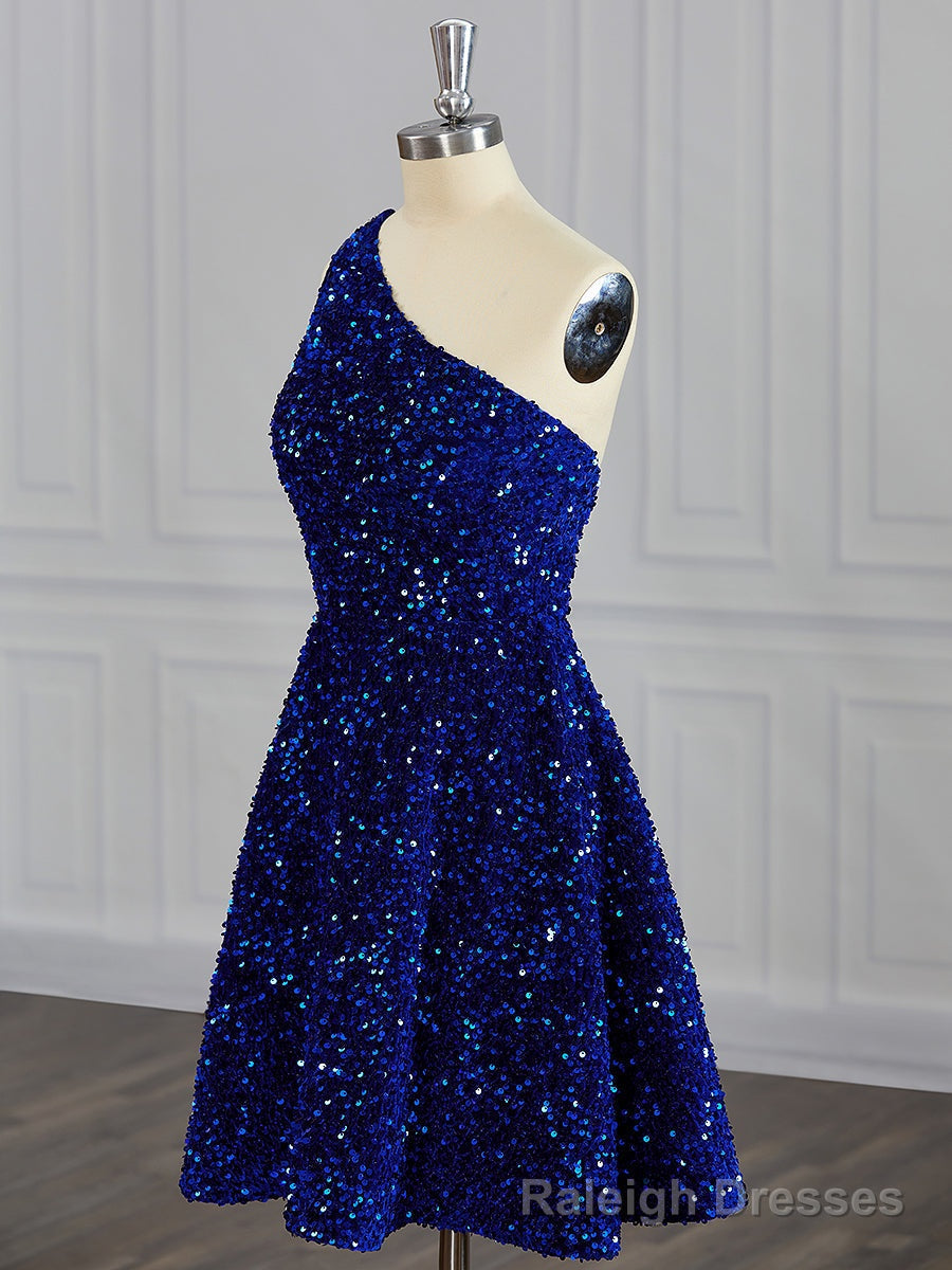 A Line One Shoulder Sequin Short Mini Velvet Sequins Dress