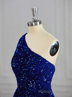 A Line One Shoulder Sequin Short Mini Velvet Sequins Dress
