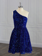 A Line One Shoulder Sequin Short Mini Velvet Sequins Dress