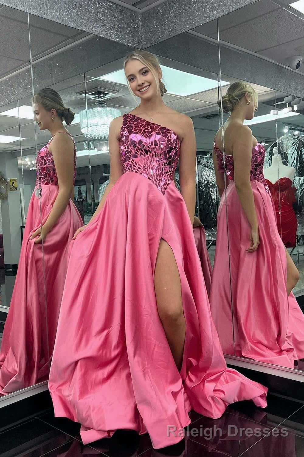 A line One Shoulder Sequined Prom Dress with Slit Main image