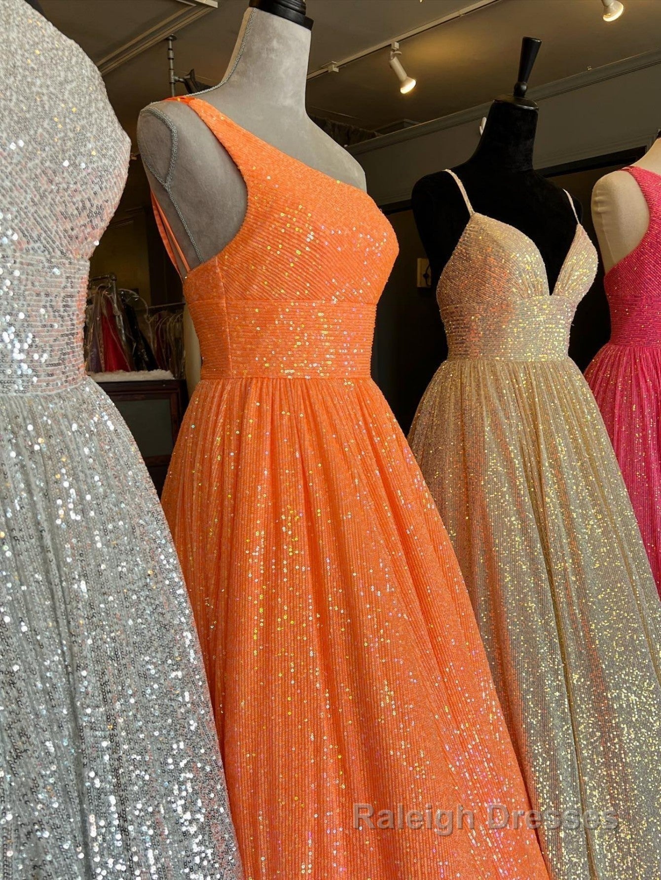 A Line One Shoulder Sequins Prom Dress with Pockets