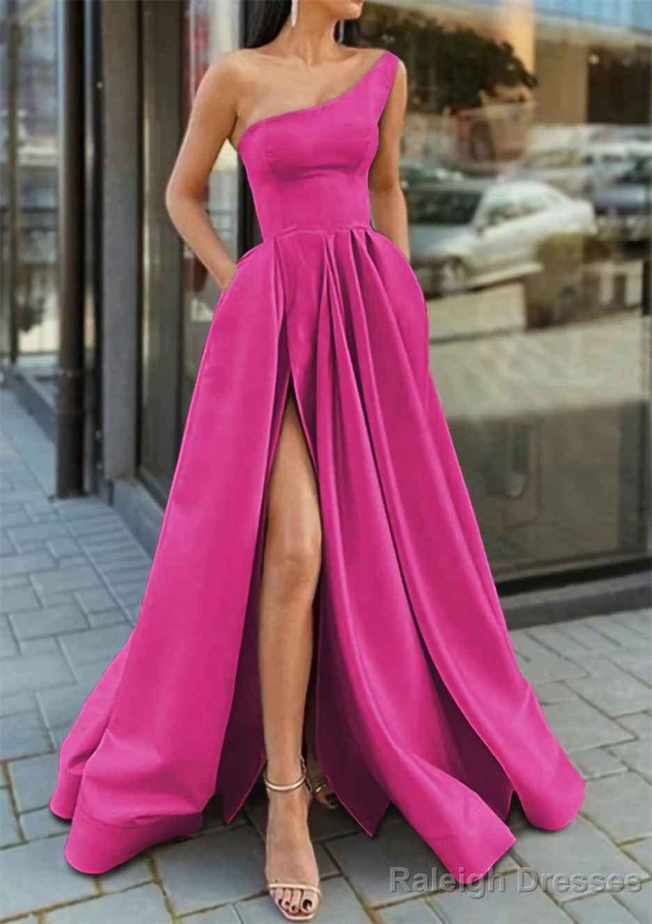 A Line One Shoulder Sleeveless Long Dress Floor Length Satin Prom Dress With Ruffles Split