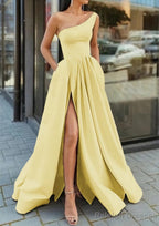 A Line One Shoulder Sleeveless Long Dress Floor Length Satin Prom Dress With Ruffles Split