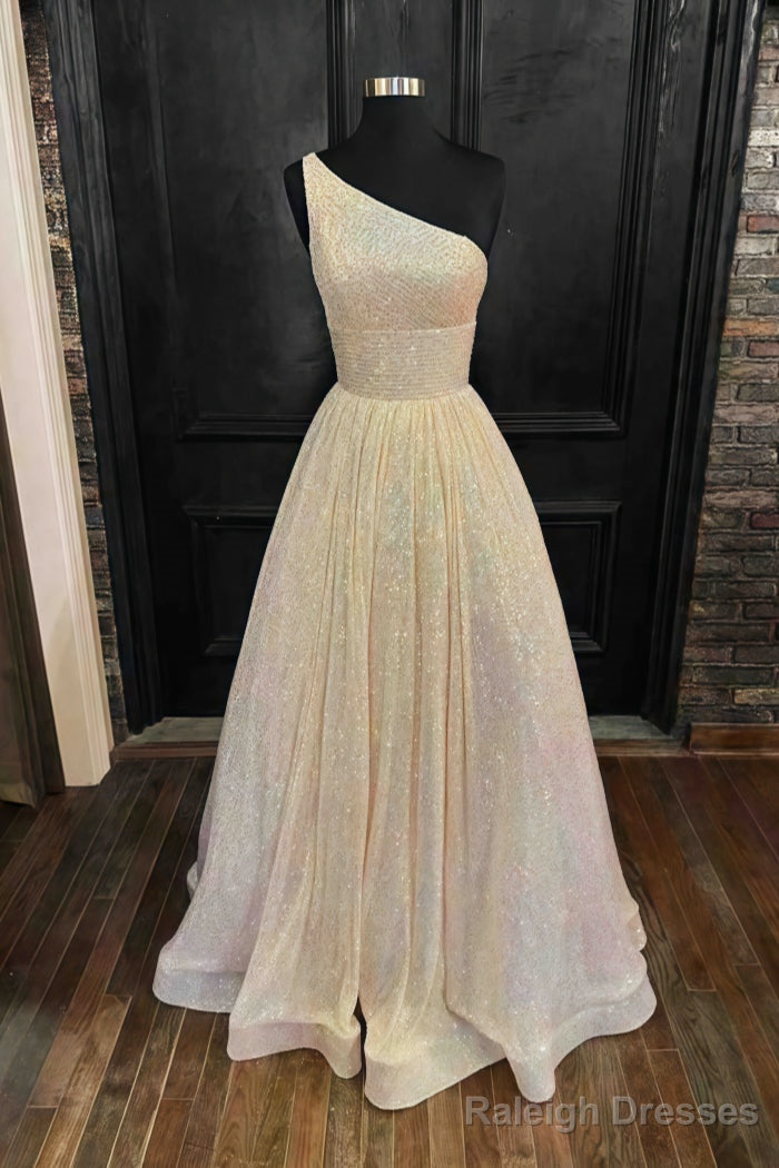 A-line One-Shoulder Sleeveless Long/Floor-Length Sequined Prom Dresses With Pockets Main image