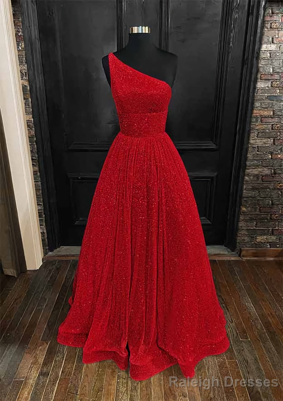 A-line One-Shoulder Sleeveless Long/Floor-Length Sequined Prom Dresses With Pockets