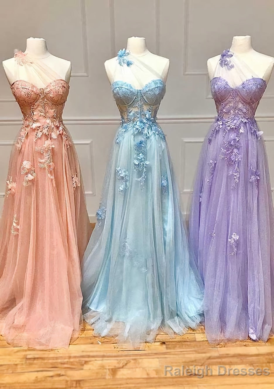 A Line One Shoulder Sleeveless Long Dress Floor Length Tulle Prom Dress with Appliqued Split