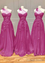 A Line One Shoulder Sleeveless Long Dress Floor Length Tulle Prom Dress with Appliqued Split