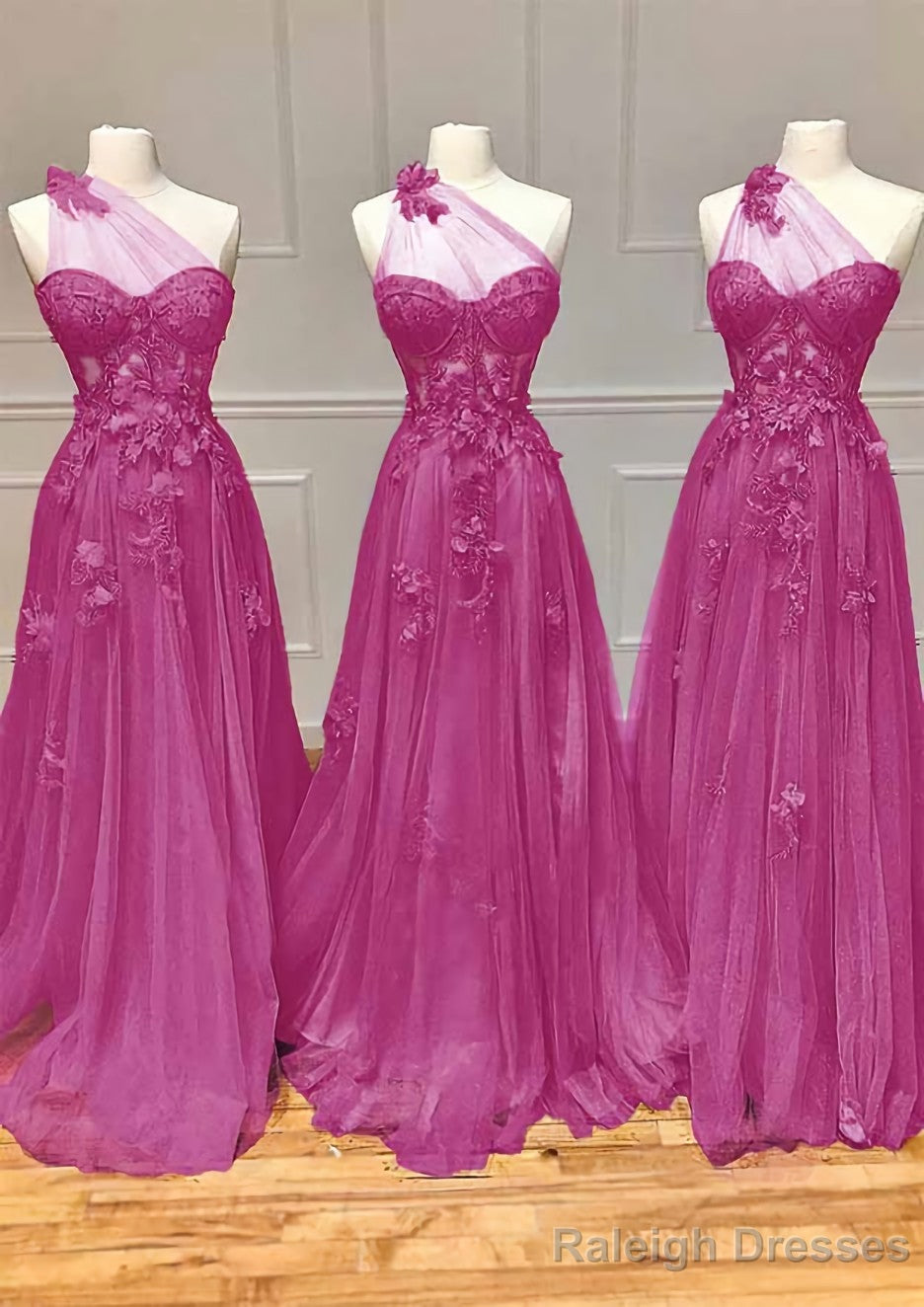 A Line One Shoulder Sleeveless Long Dress Floor Length Tulle Prom Dress with Appliqued Split