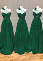 A Line One Shoulder Sleeveless Long Dress Floor Length Tulle Prom Dress with Appliqued Split