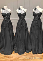 A-line One-Shoulder Sleeveless Long/Floor-Length Tulle Prom Dresses with Appliqued Split