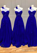 A-line One-Shoulder Sleeveless Long/Floor-Length Tulle Prom Dresses with Appliqued Split