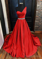A-line One-Shoulder Sleeveless Satin Long/Floor-Length Prom Dresses With Beading Pleated