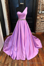 A Line One Shoulder Sleeveless Satin Long Dress Floor Length Prom Dress With Beading Pleated