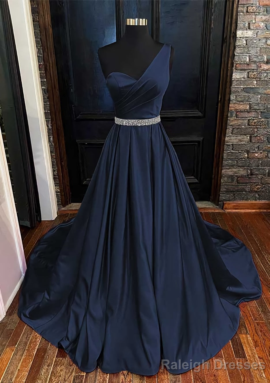 A-line One-Shoulder Sleeveless Satin Long/Floor-Length Prom Dresses With Beading Pleated