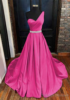 A Line One Shoulder Sleeveless Satin Long Dress Floor Length Prom Dress With Beading Pleated