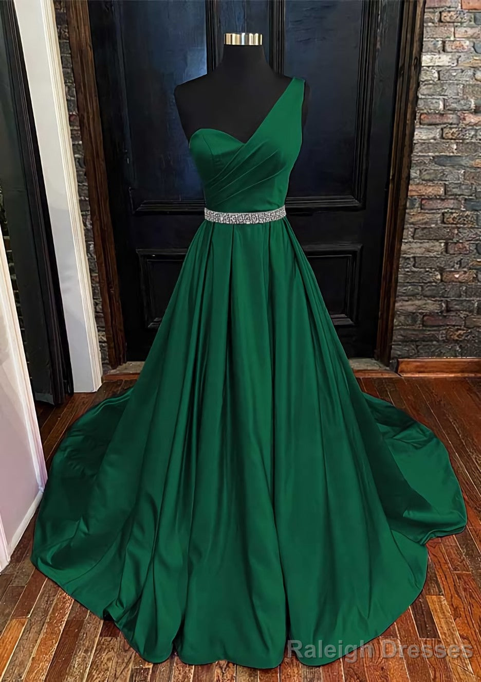 A-line One-Shoulder Sleeveless Satin Long/Floor-Length Prom Dresses With Beading Pleated