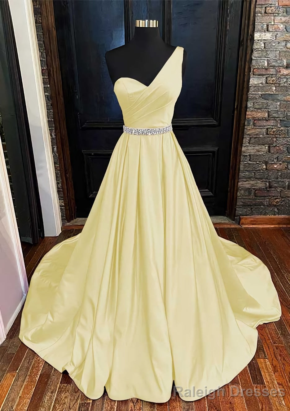 A-line One-Shoulder Sleeveless Satin Long/Floor-Length Prom Dresses With Beading Pleated