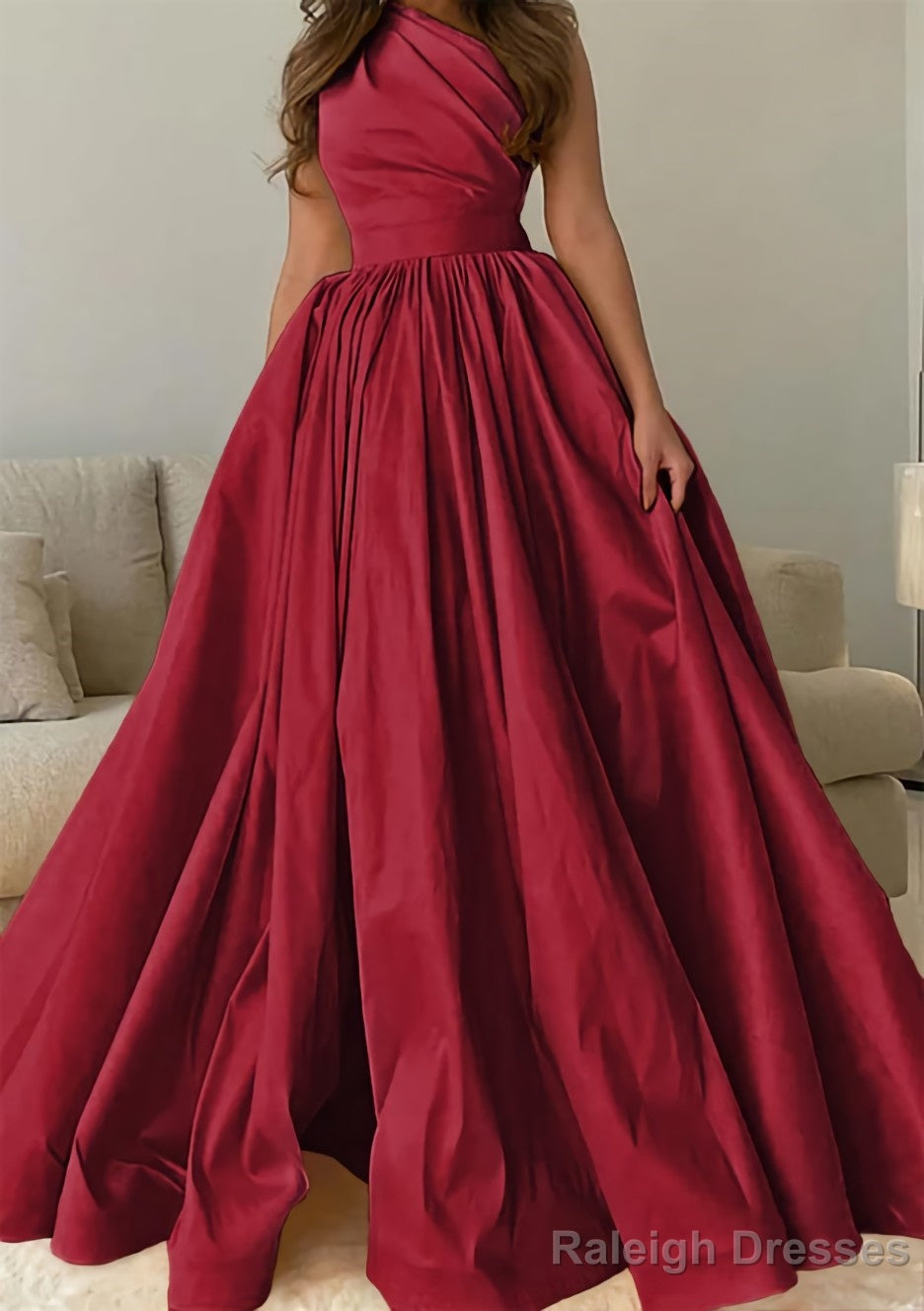 A Line One Shoulder Sleeveless Sweep Train Satin Prom Dress with Pleated