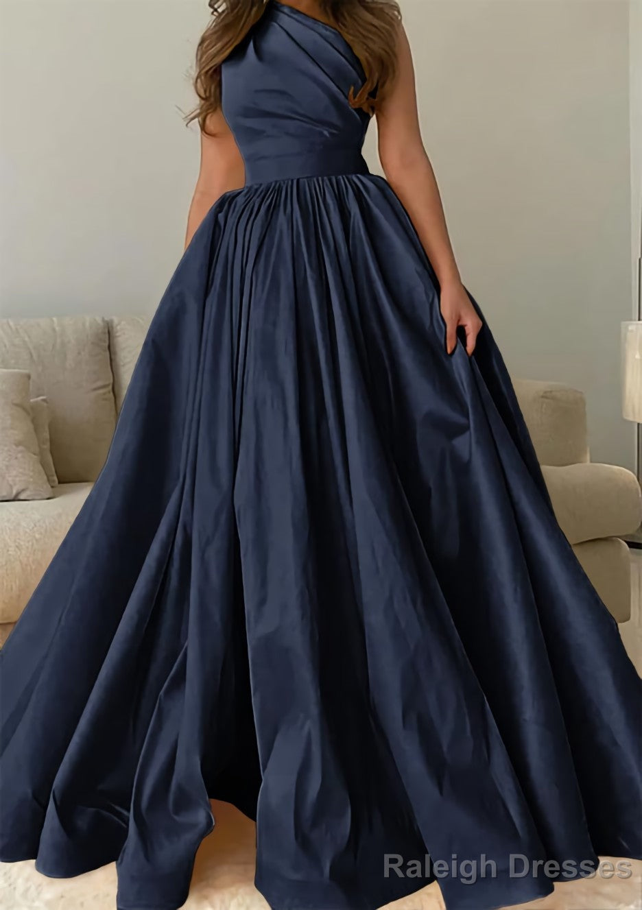 A Line One Shoulder Sleeveless Sweep Train Satin Prom Dress with Pleated Secondary image