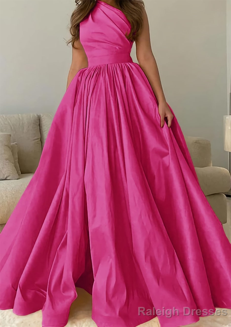 A-line One-Shoulder Sleeveless Sweep Train Satin Prom Dresses with Pleated