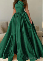 A Line One Shoulder Sleeveless Sweep Train Satin Prom Dress with Pleated