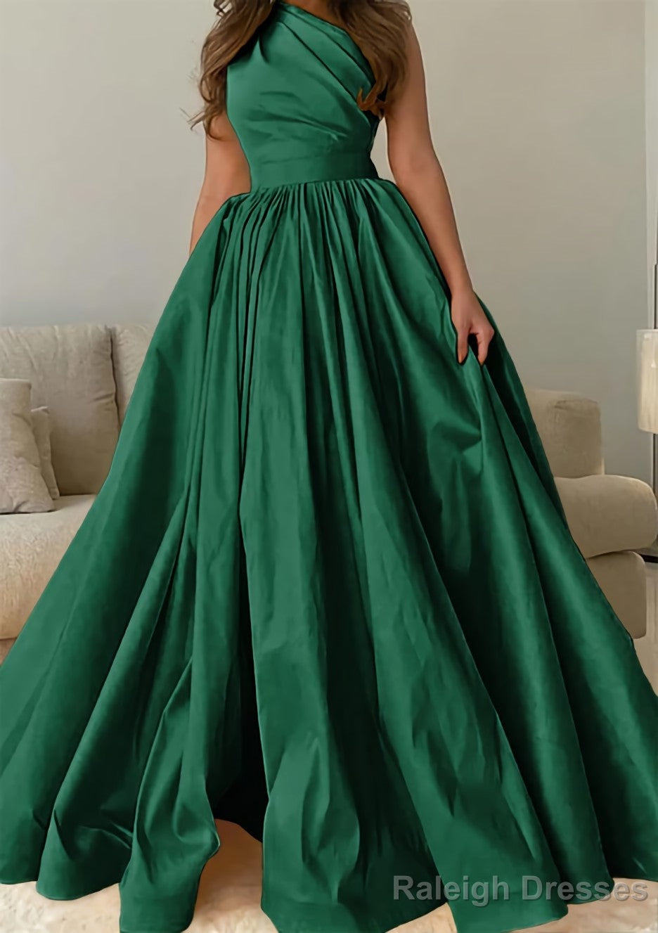 A Line One Shoulder Sleeveless Sweep Train Satin Prom Dress with Pleated