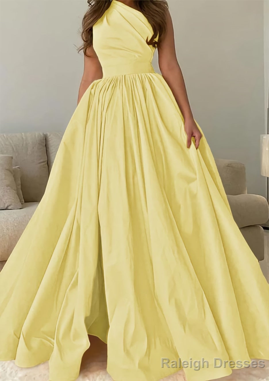 A Line One Shoulder Sleeveless Sweep Train Satin Prom Dress with Pleated