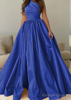 A Line One Shoulder Sleeveless Sweep Train Satin Prom Dress with Pleated