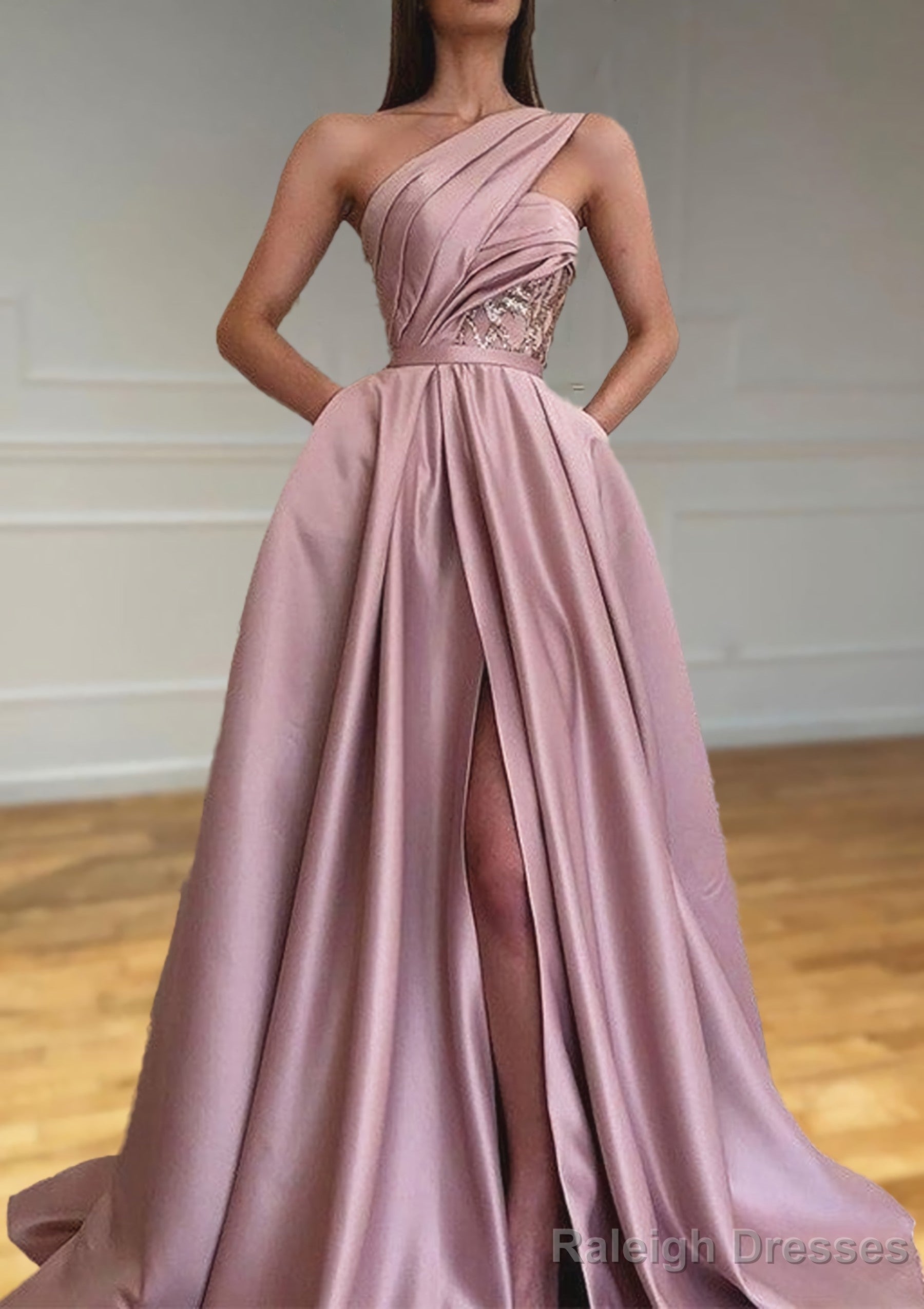 A-line One-Shoulder Sleeveless Sweep Train Satin Prom Dresses With Split Pleated Main image