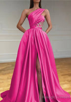 A Line One Shoulder Sleeveless Sweep Train Satin Prom Dress With Split Pleated