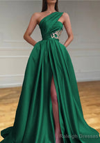 A Line One Shoulder Sleeveless Sweep Train Satin Prom Dress With Split Pleated