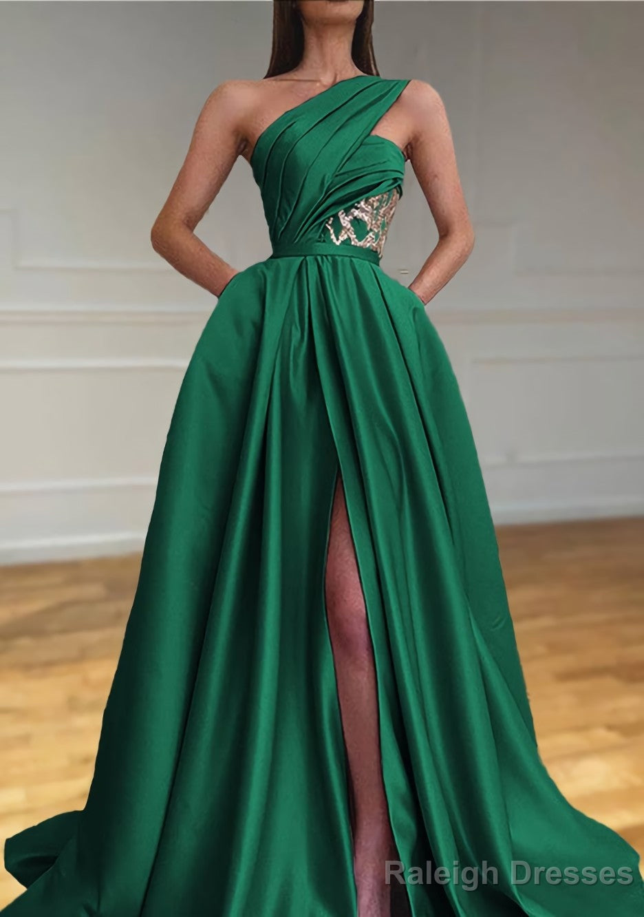 A Line One Shoulder Sleeveless Sweep Train Satin Prom Dress With Split Pleated