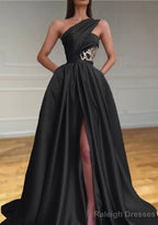 A Line One Shoulder Sleeveless Sweep Train Satin Prom Dress With Split Pleated