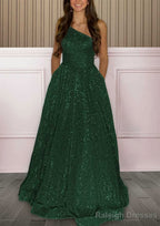 A-line One-Shoulder Sleeveless Sweep Train Sequined Prom Dresses with Pockets