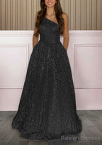 A-line One-Shoulder Sleeveless Sweep Train Sequined Prom Dresses with Pockets