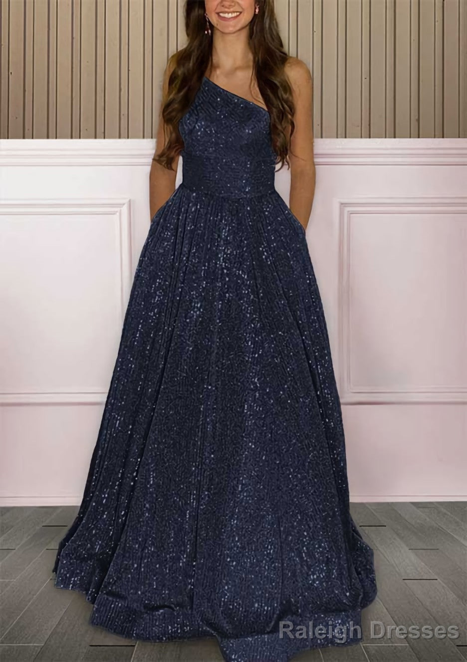 A-line One-Shoulder Sleeveless Sweep Train Sequined Prom Dresses with Pockets Secondary image