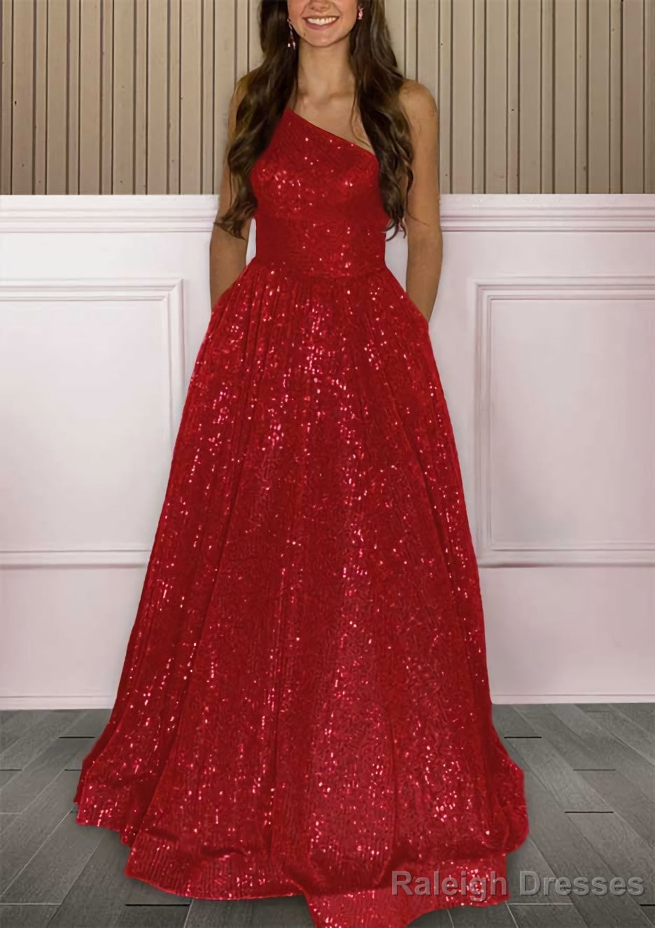 A-line One-Shoulder Sleeveless Sweep Train Sequined Prom Dresses with Pockets