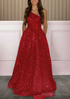 A Line One Shoulder Sleeveless Sweep Train Sequined Prom Dress with Pockets