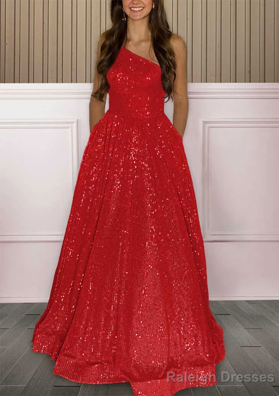 A-line One-Shoulder Sleeveless Sweep Train Sequined Prom Dresses with Pockets