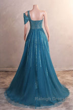 A-Line One Shoulder Tulle Beaded Long Prom Dress Elegant Evening Gown