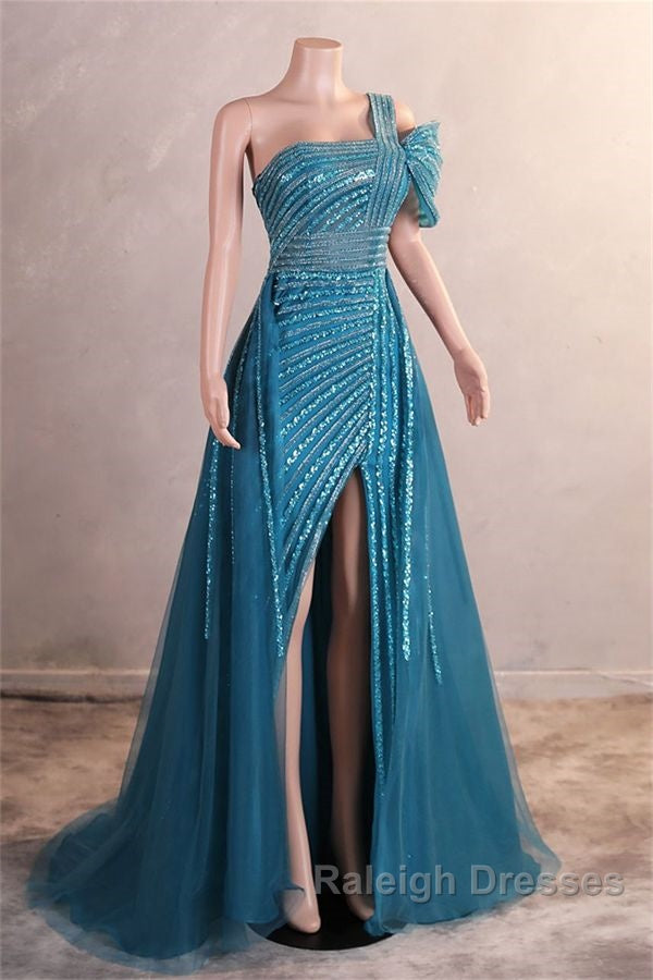 A-Line One Shoulder Tulle Beaded Long Prom Dress Elegant Evening Gown