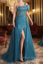 A-Line One Shoulder Tulle Beaded Long Prom Dress Elegant Evening Gown