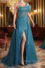 A-Line One Shoulder Tulle Beaded Long Prom Dress Elegant Evening Gown