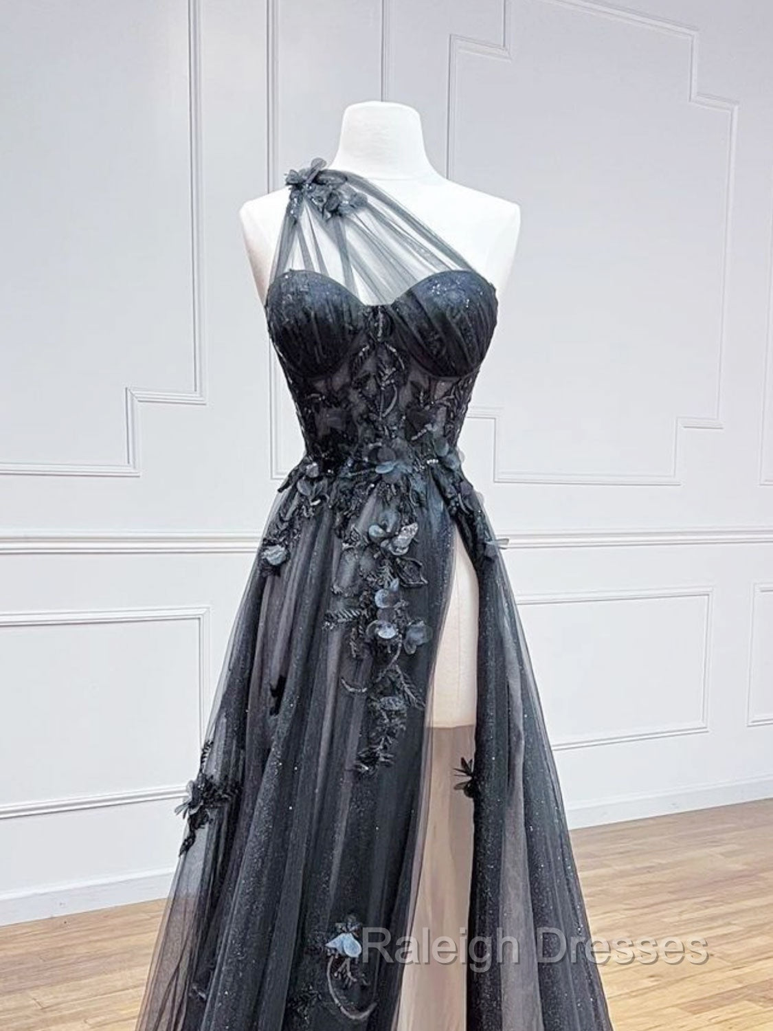 A-Line One Shoulder Tulle Black Long Prom Dress, Black Formal Evening Dress Secondary image