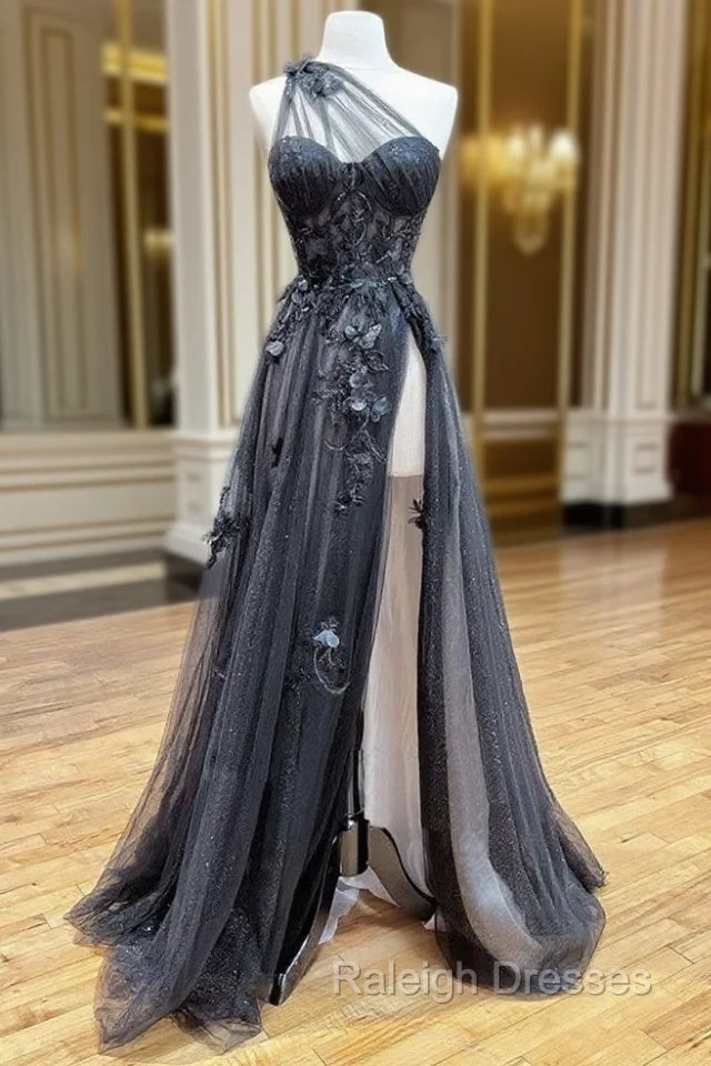 A-Line One Shoulder Tulle Black Long Prom Dress, Black Formal Evening Dress