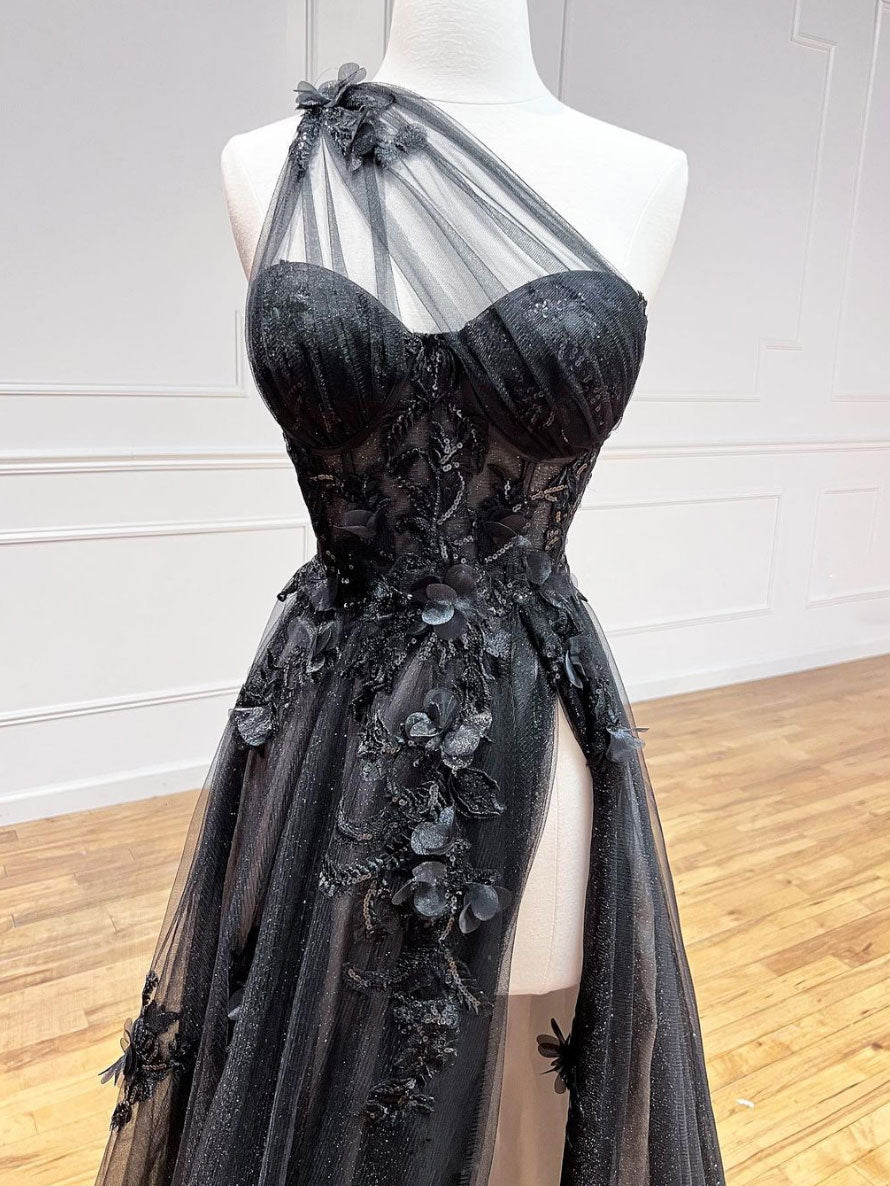 A-Line One Shoulder Tulle Lace Black Formal Prom Dress, Black Long Prom Dress