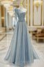 A-Line One Shoulder Tulle Sequin Gray Blue Long Prom Dress, Sequin Long Formal Dress